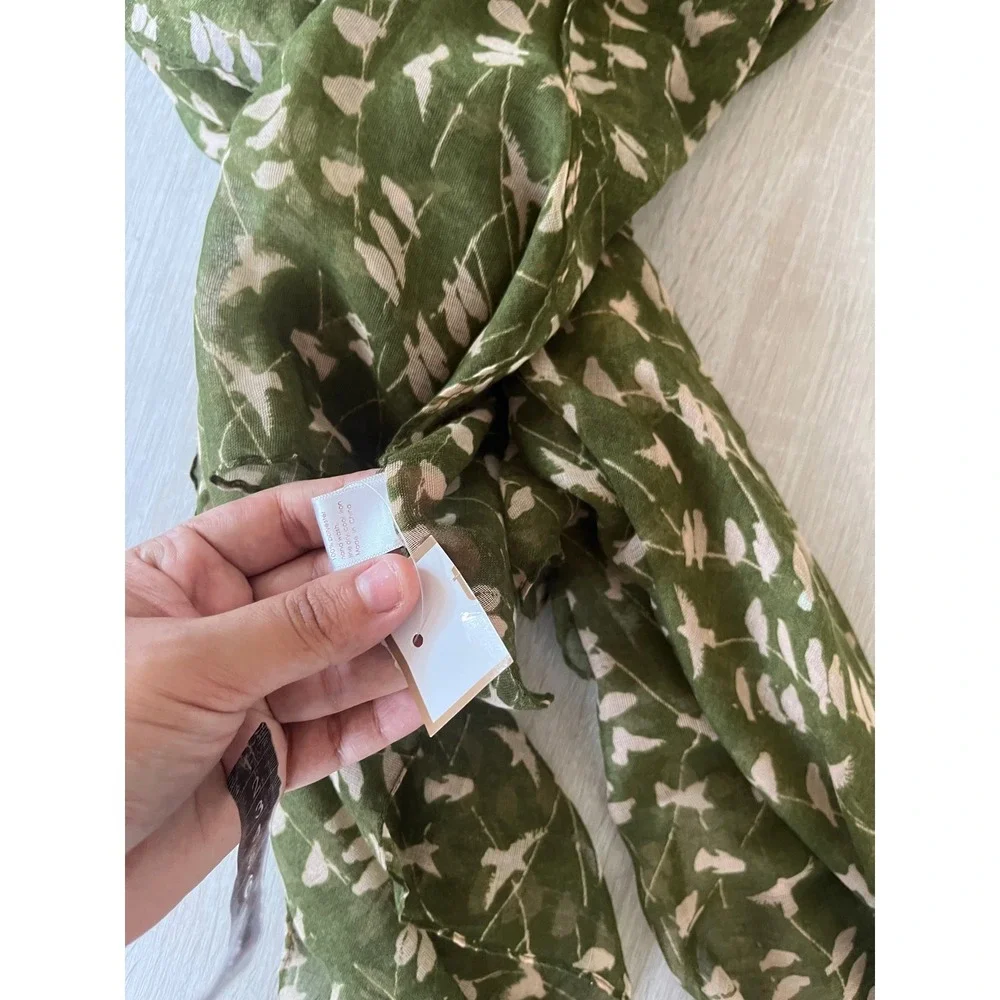 Olive Green Botanical Leaf Print Scarf Lightweight Semi Sheer Wrap Accessory